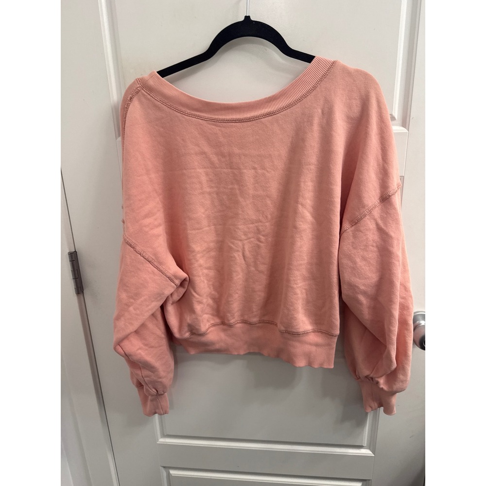 Free People Women Peach Pink Deep V-Neck Cropped French Terry Sweatshirt M